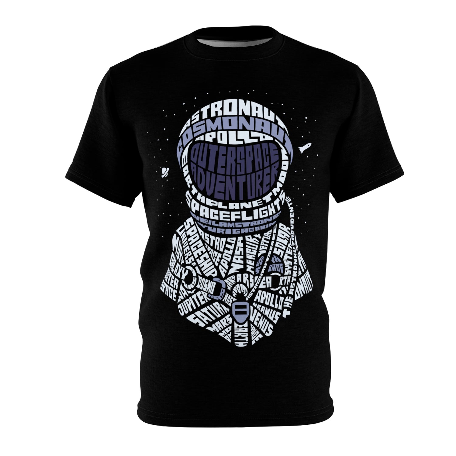 Black T-shirt with calligram astronaut design.